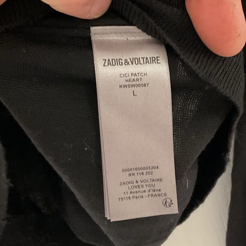 Zadig & Voltaire Cici Black Merino Wool Heart Patch Crewneck Pullover Sweater L - Picture 6 of 6